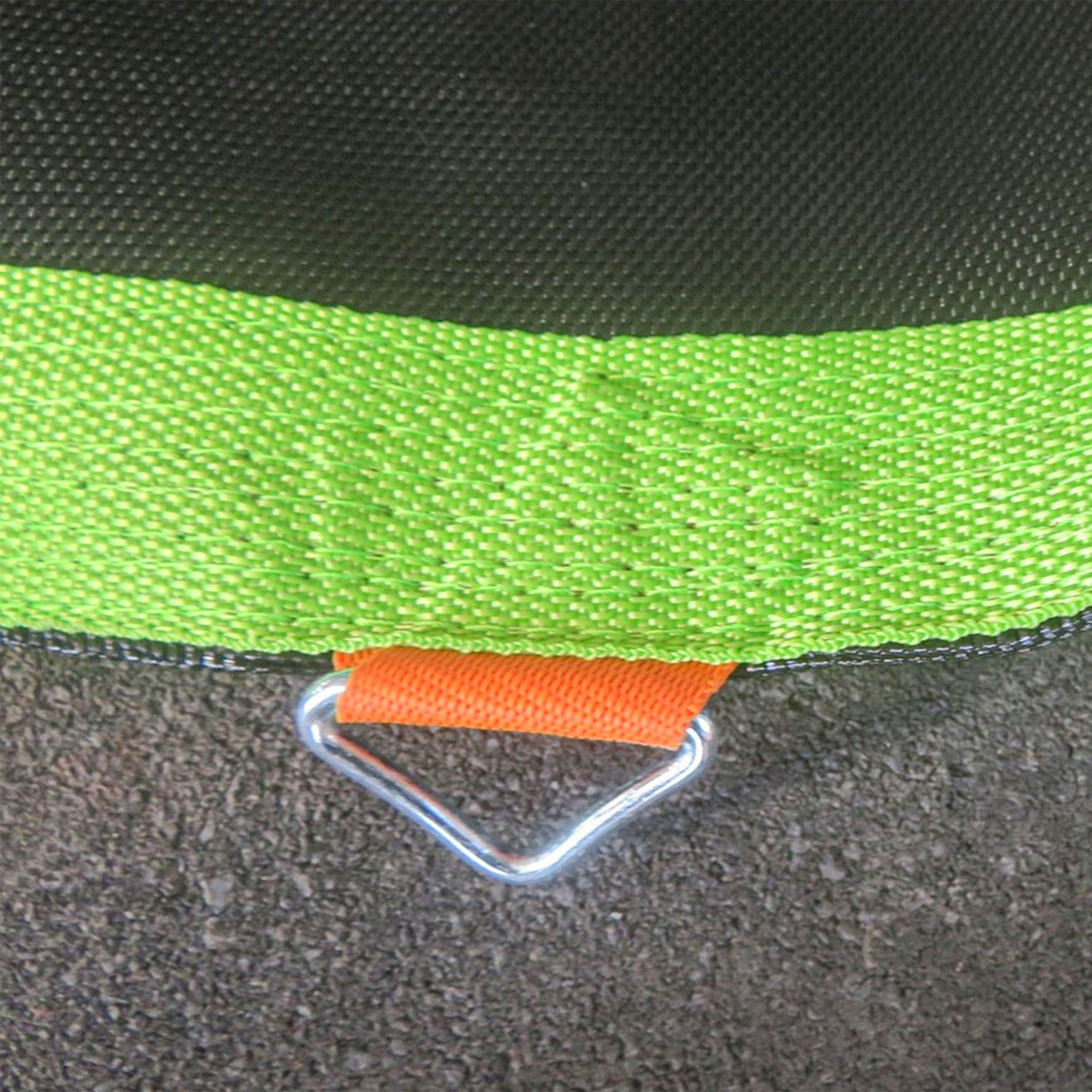 Bright green woven strap with orange accent and silver d-ring for sportnow trampoline mat with 14cm springs