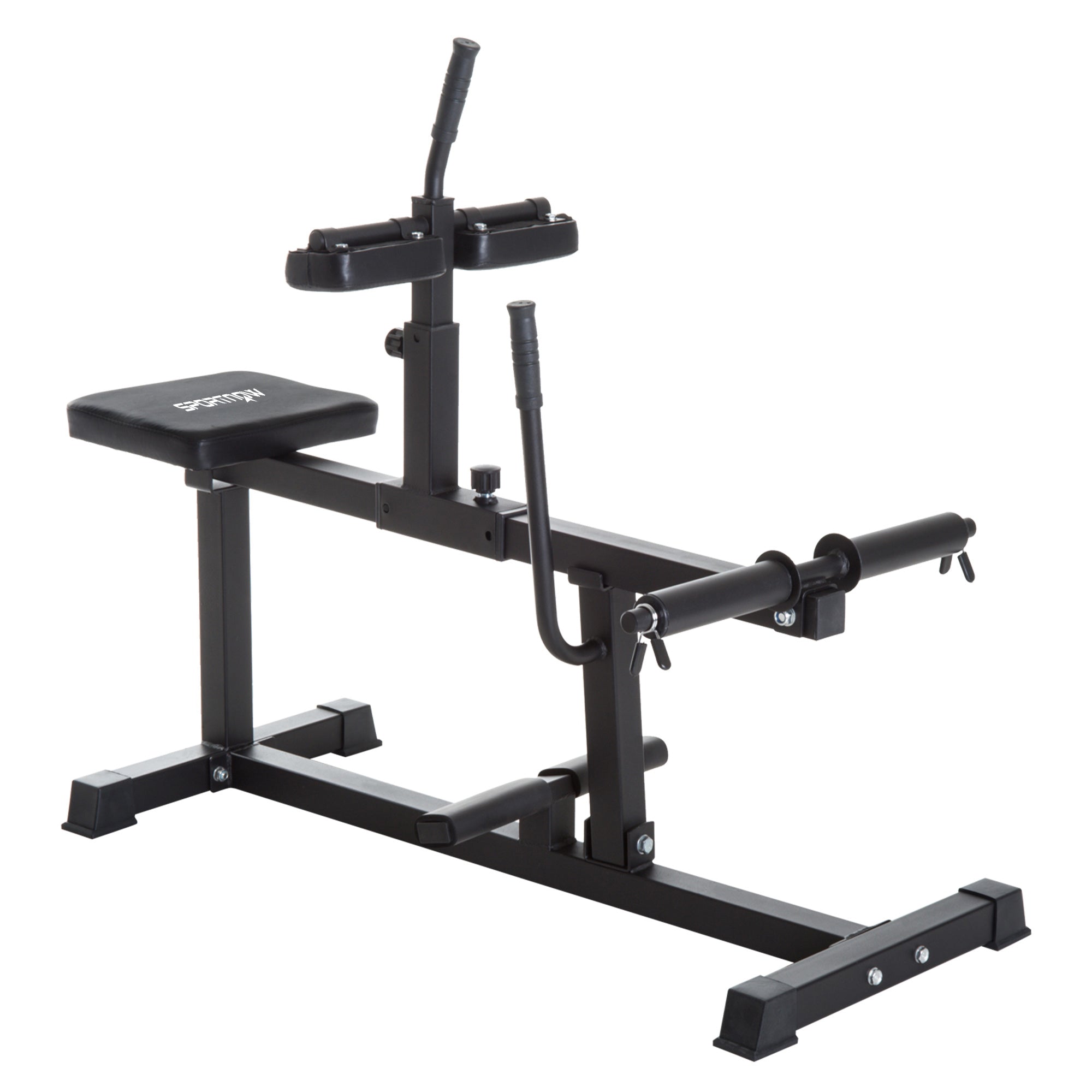 Black metal sportnow seated leg extension machine with padded seat adjustable handlebars and dual olympic weight posts