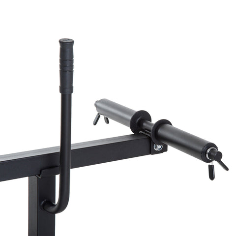 Black barbell rack with textured grip and adjustable weight plate holder for sportnow seated leg curl machine with dual olympic weight posts