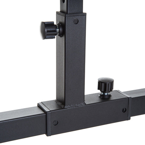 Black metal adjustable weight rack with textured knobs and dual olympic weight posts for sportnow leg curl machine