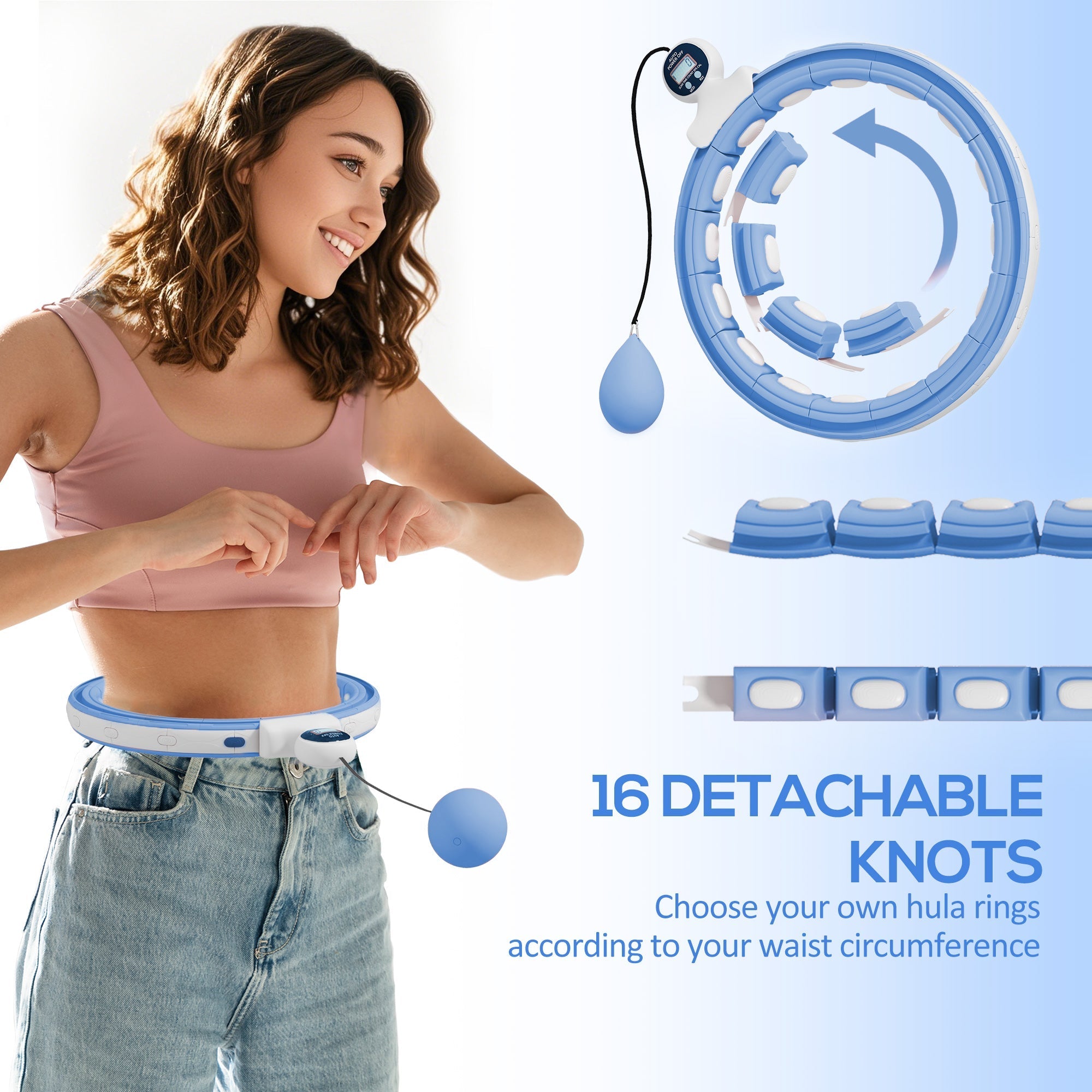 Sportnow smart weighted hula hoop in light blue with 16 detachable knots weight ball and digital counter for fitness fun