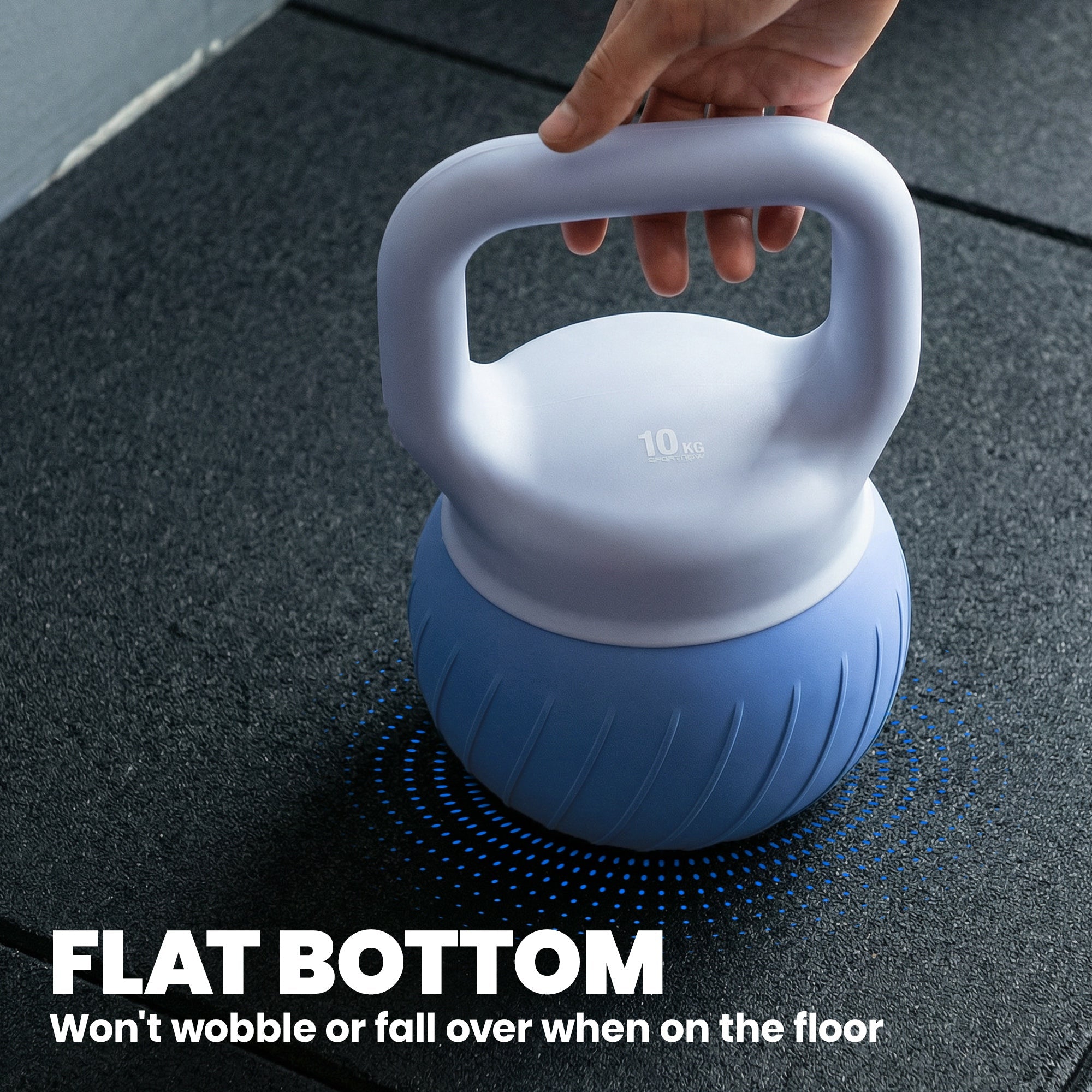A 10kg blue and white sportnow soft kettlebell with flat bottom and anti slip grip for home gym strength training