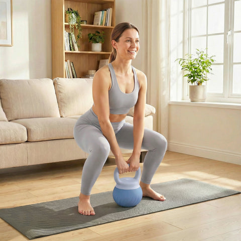 Blue sportnow soft kettlebell with light blue handle 10kg anti-slip grip for home gym strength training