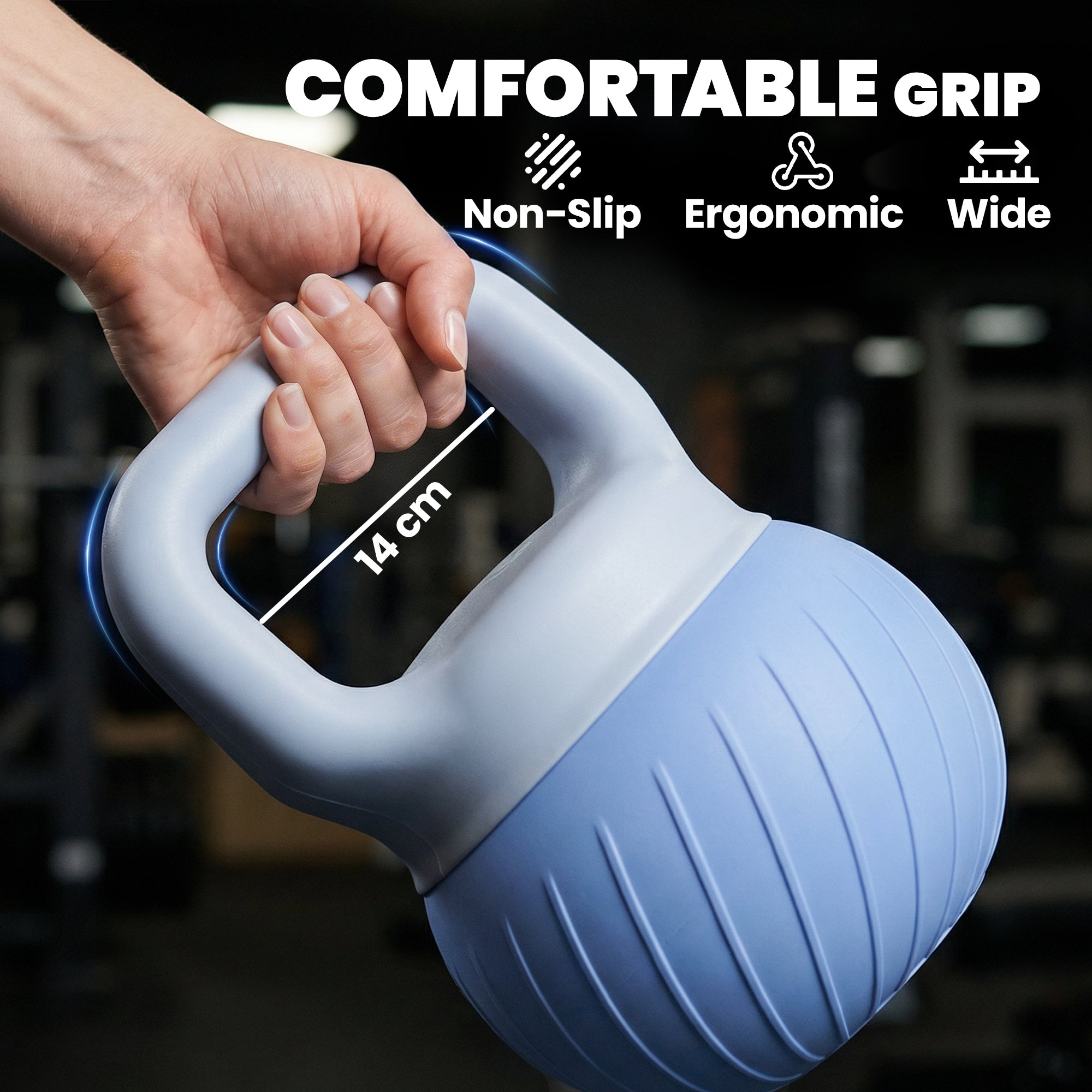 Light blue sportnow soft kettlebell with ergonomic wide non slip handle and ribbed texture for home gym use