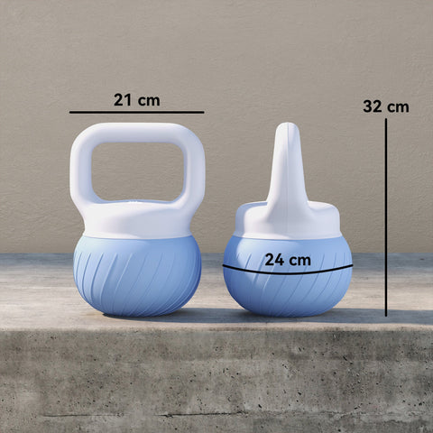 Two light blue and white sportnow soft kettlebells with textured ribbed bases and anti slip grip for home gym use