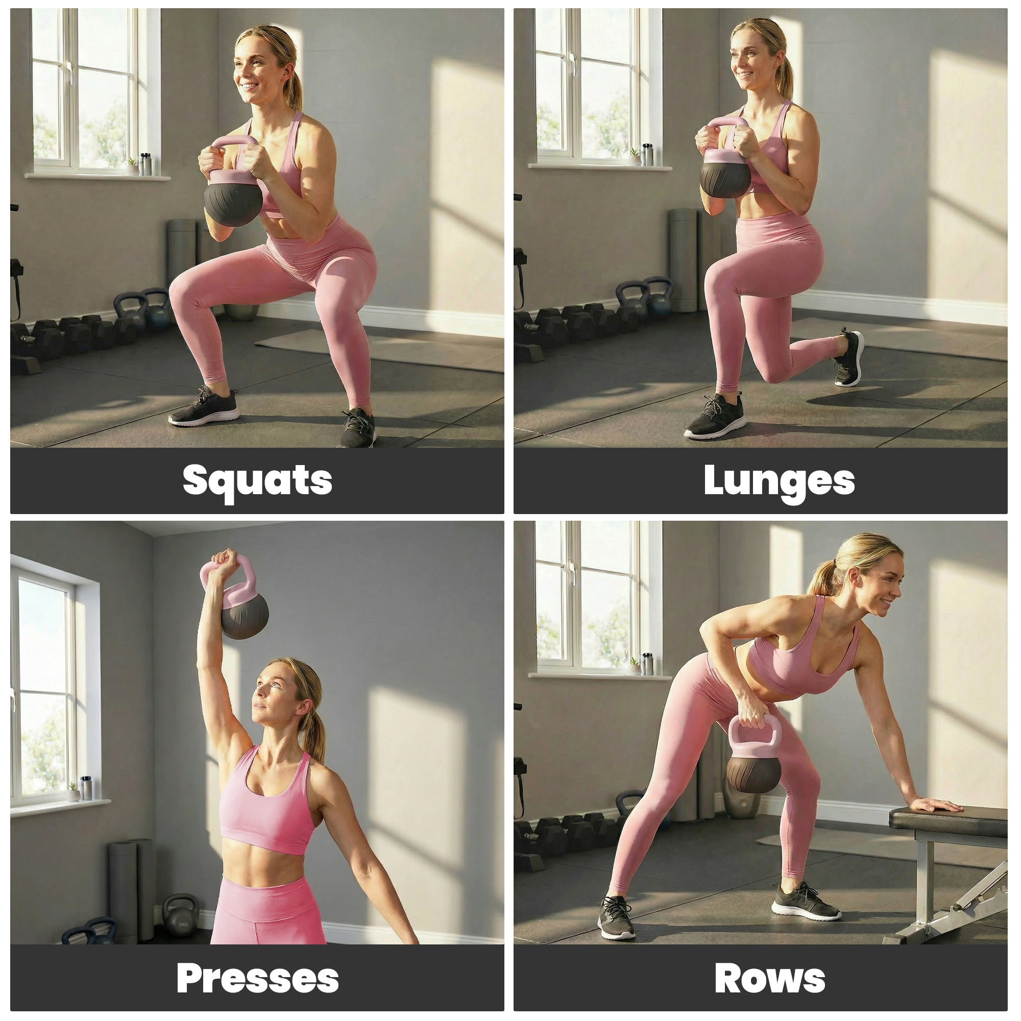 Pink sportnow soft kettlebell with black anti-slip handle and weighted base for home gym strength training