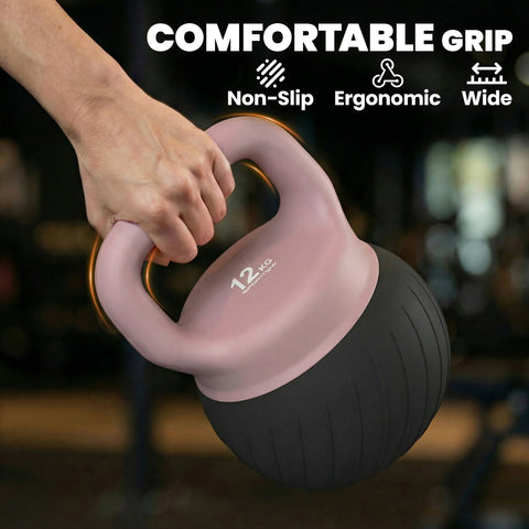 Sportnow soft 12kg pink and black kettlebell with wide ergonomic anti-slip handle for home gym strength training