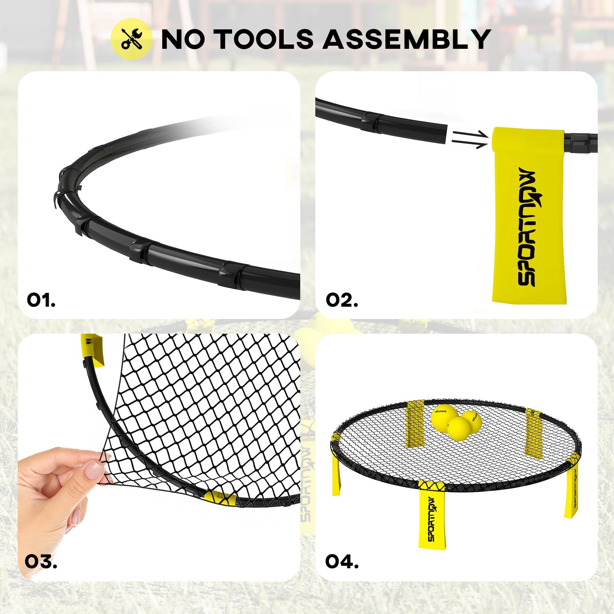 Black and yellow sportnow spike ball set with foldable legs ensure easy setup no tools needed portable for beach play
