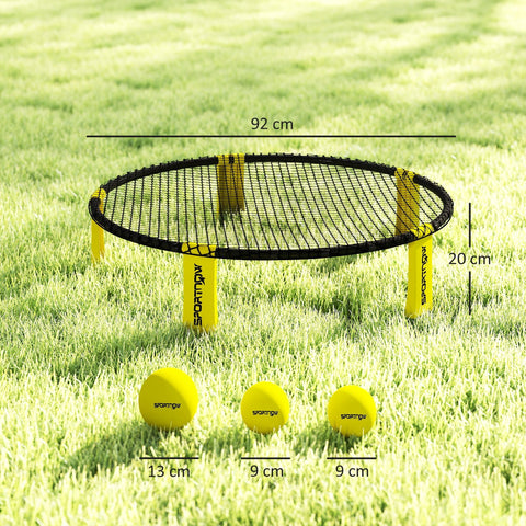 Yellow sportnow spike ball set with foldable legs, black net, and three matching yellow balls for outdoor fun
