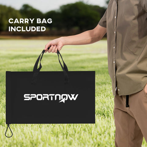 Black sportnow spike ball set carry bag with white logo and black handles for portable outdoor team sports
