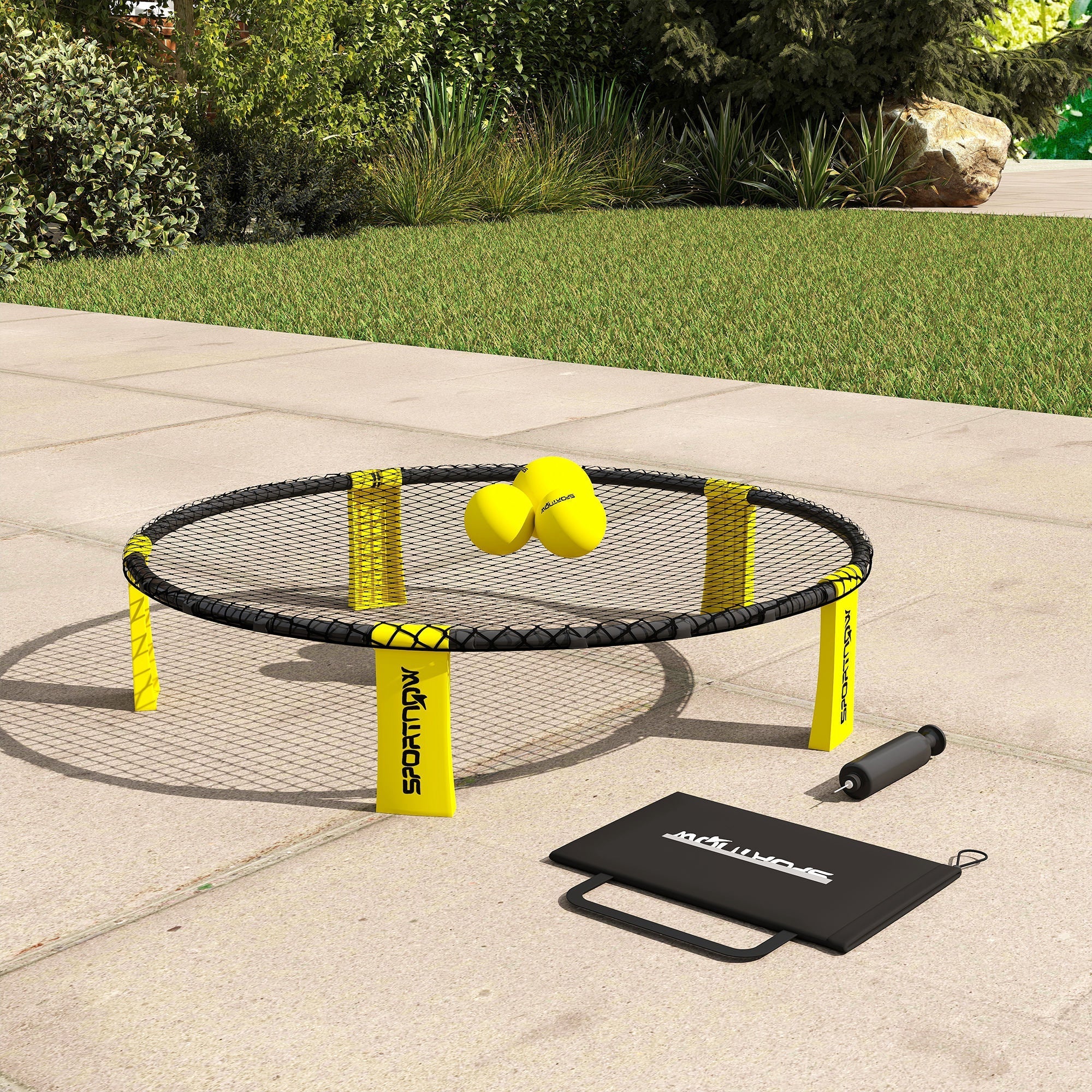 Yellow and black sportnow spike ball set with foldable legs and three bright yellow balls on the net for outdoor fun
