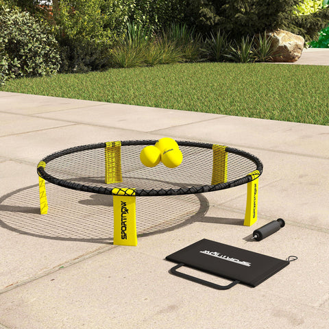 Yellow and black sportnow spike ball set with foldable legs and three bright yellow balls on the net for outdoor fun