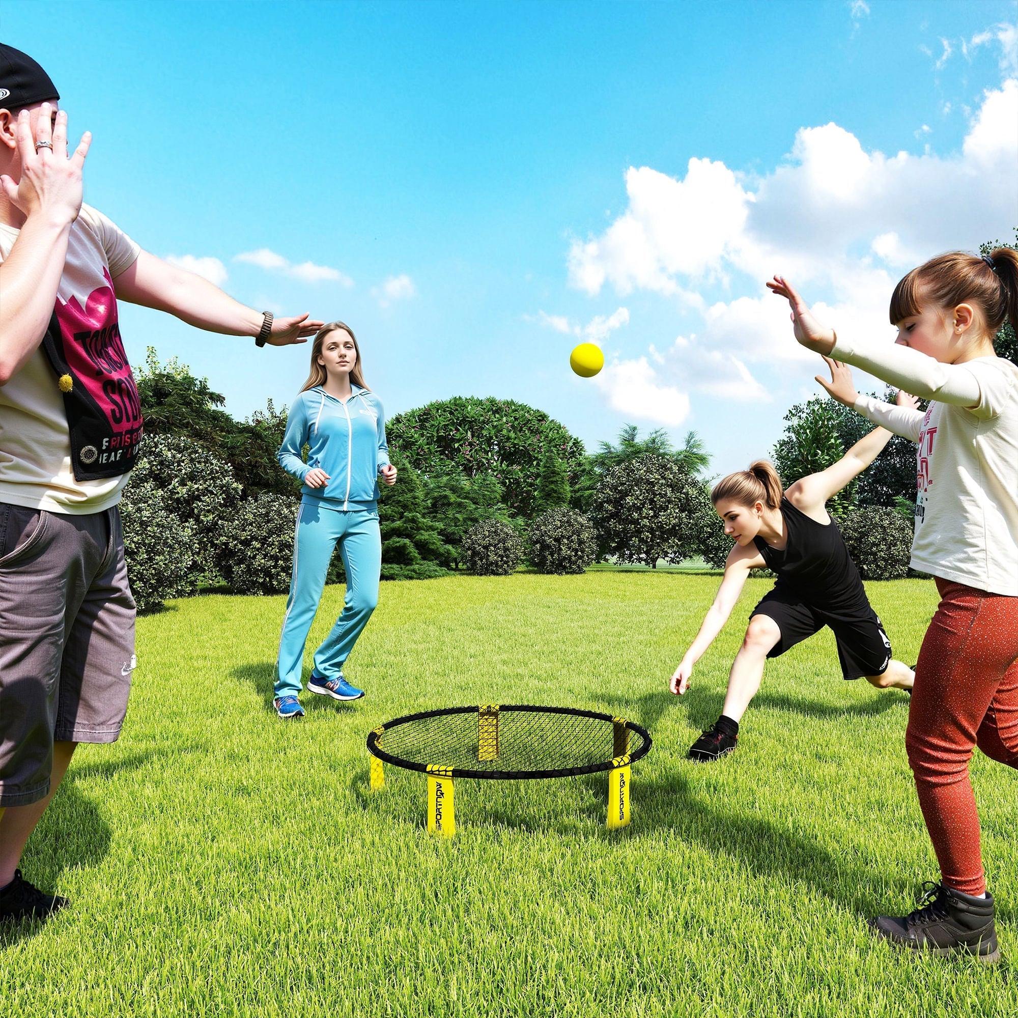 Yellow ball bouncing off the black net with yellow foldable legs in the sportnow spike ball set for outdoor fun