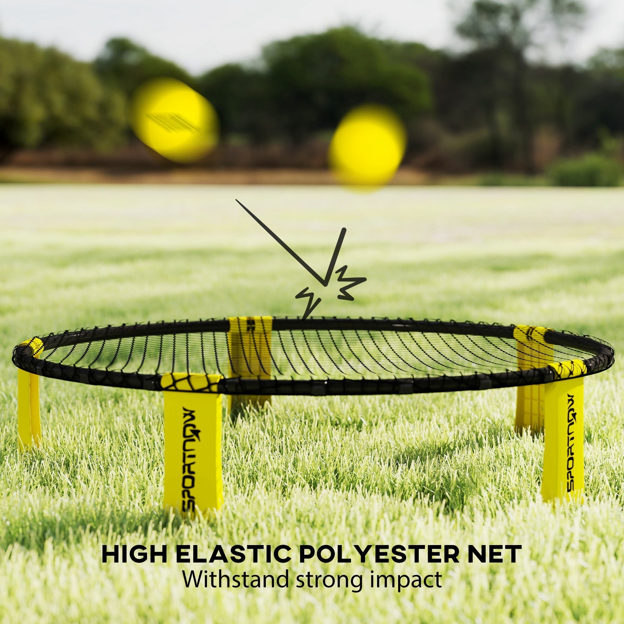 Yellow and black sportnow spike ball set with high elastic polyester mesh and foldable legs ensure outdoor fun