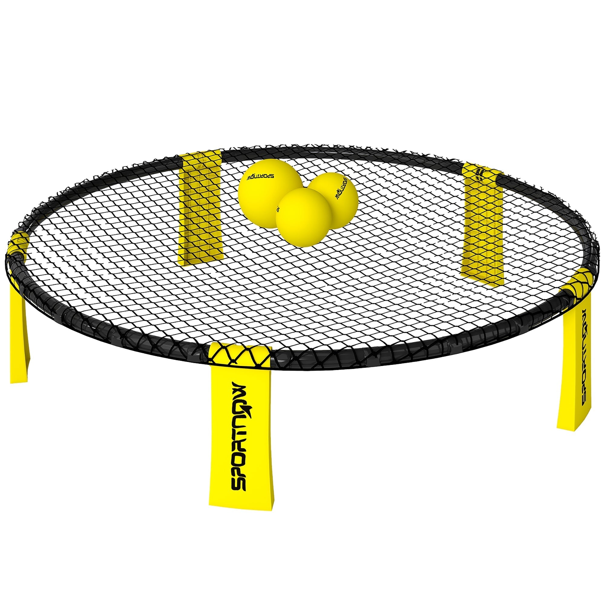 Yellow and black sportnow spike ball set beach tennis net with foldable legs and three bright yellow balls for outdoor fun