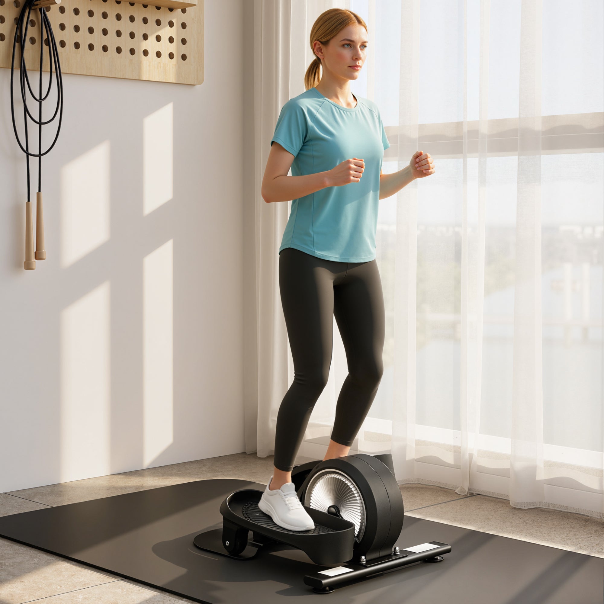 Black sportnow under desk elliptical machine with sleek design and smooth magnetic resistance for seat and stand use