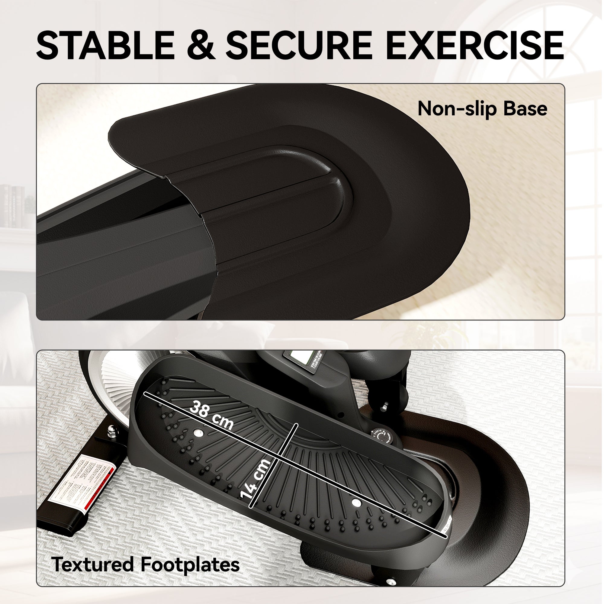 Black sportnow under desk elliptical machine with textured footplates and smooth magnetic resistance for stable use
