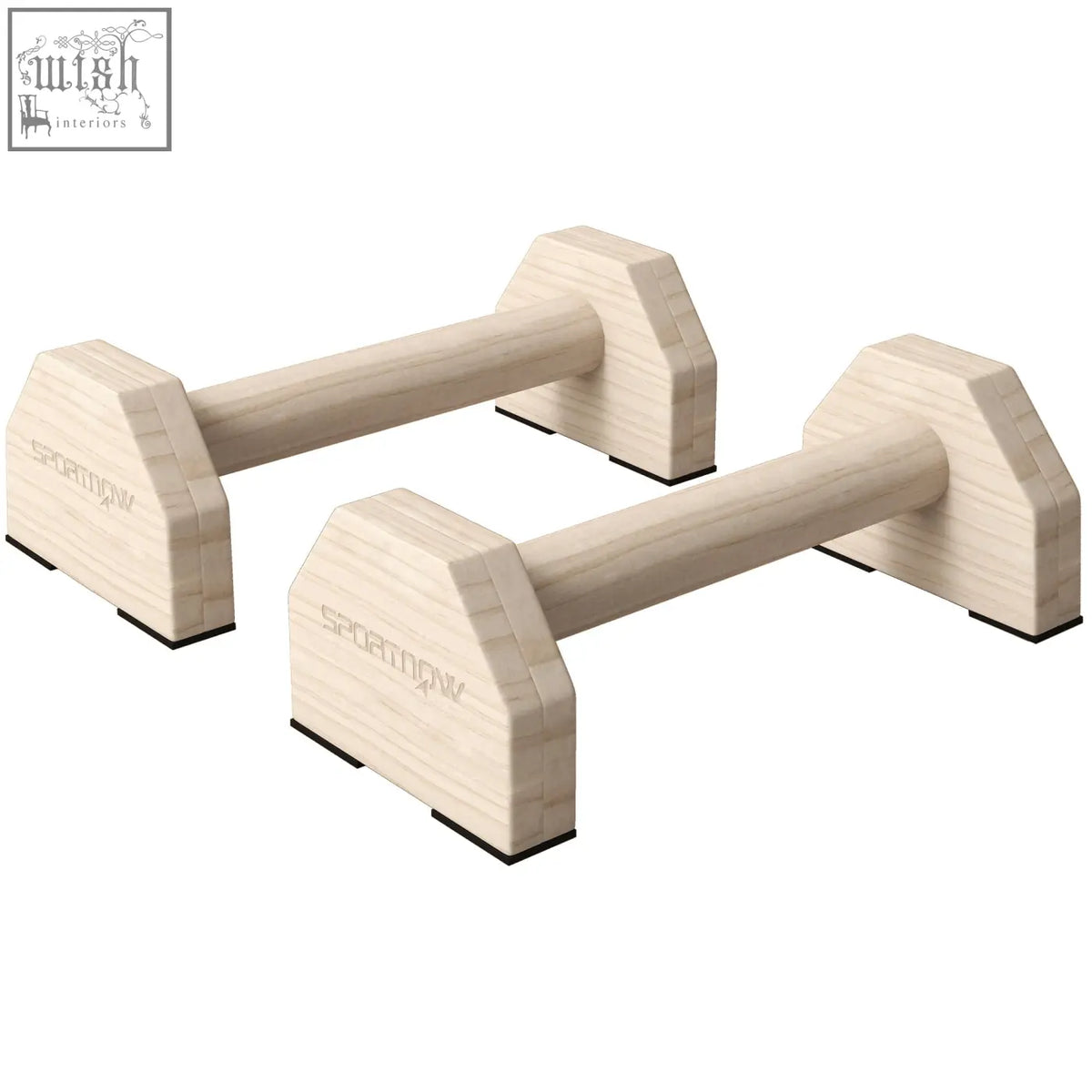 Pair of light wood-colored sportnow wooden parallettes push up handles with non-slip base for home gym training