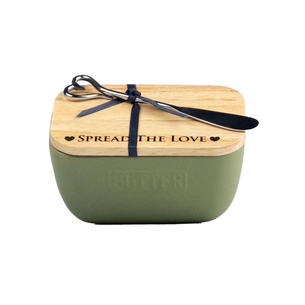 Olive green ceramic butter dish with bamboo lid engraved spread the love and navy ribbon with silver handled knife set