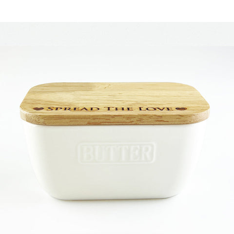 White ceramic butter dish with natural wood lid engraved with spread the love and two hearts perfect to spread love