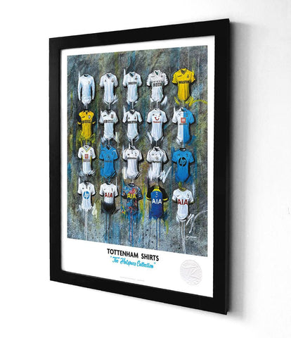 Framed spurs 2022 a3 print featuring tottenham hotspur football jerseys on a graffiti-style textured background