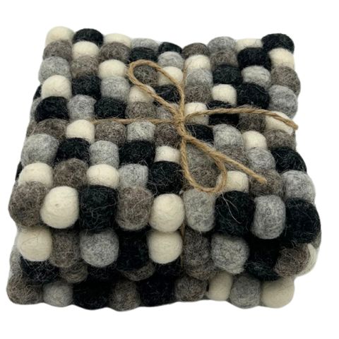 Square felt ball coasters in black gray and white tied with rustic twine bow set of 4 for table protection