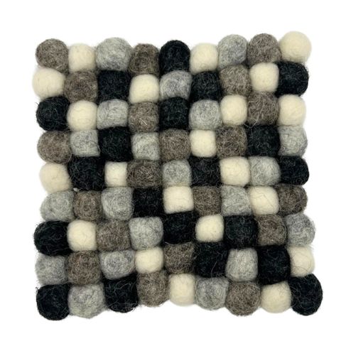 Square felt ball coaster with a woven pattern of black white and gray woolen balls set of 4 multi grey