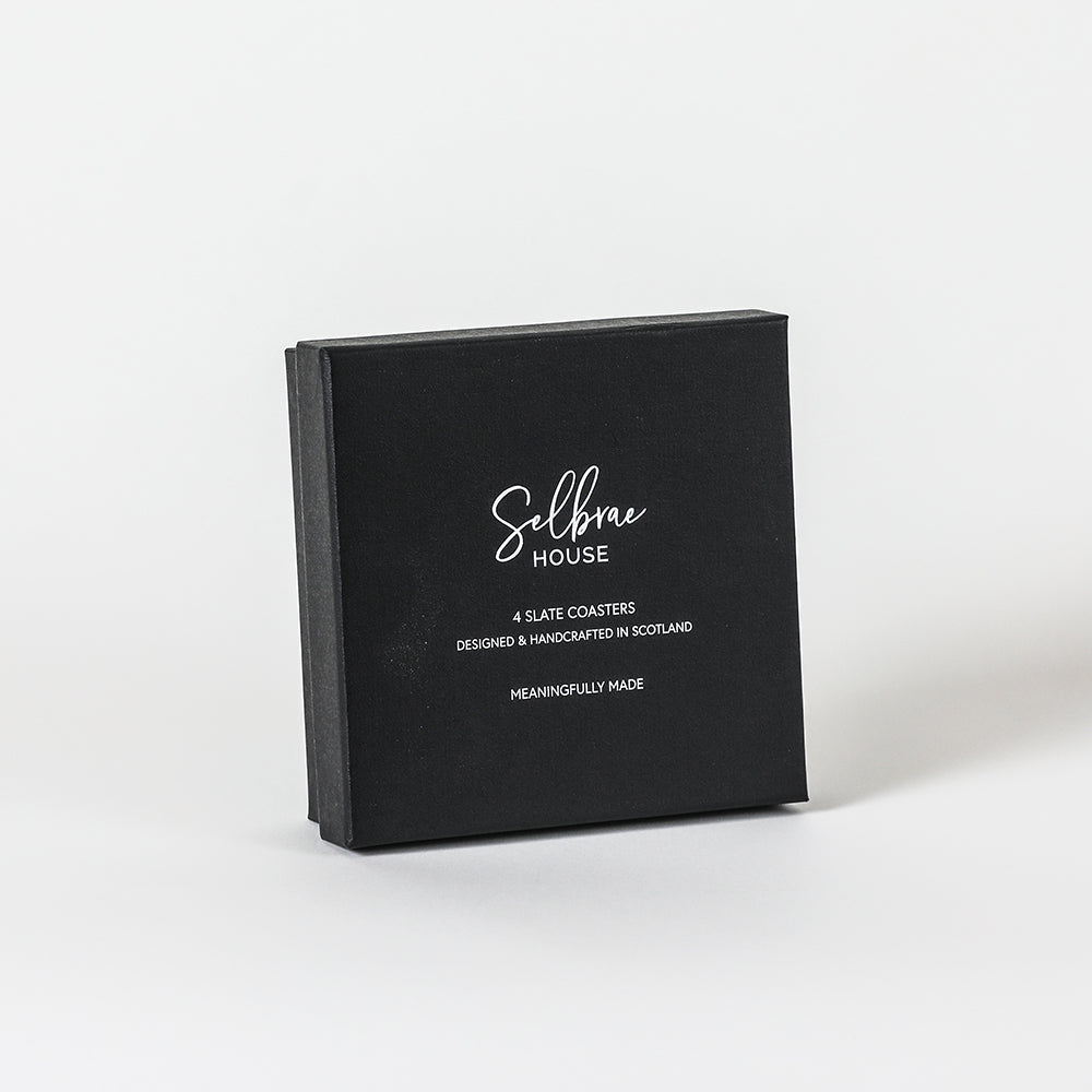 Black rectangular gift box for selbrae house square slate coasters set of 4 designed and handcrafted in scotland