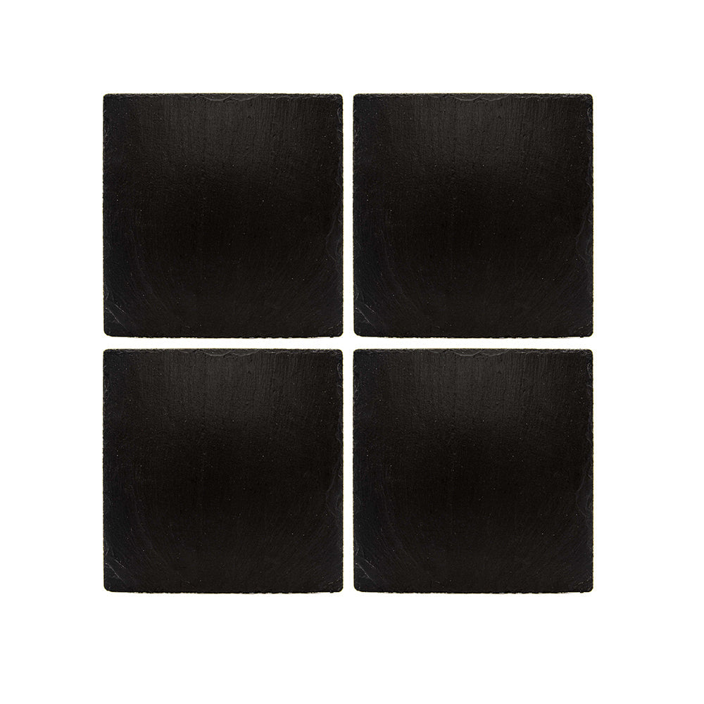 Set of four black square slate coasters with natural edges and a smooth matte finish perfect for drinks