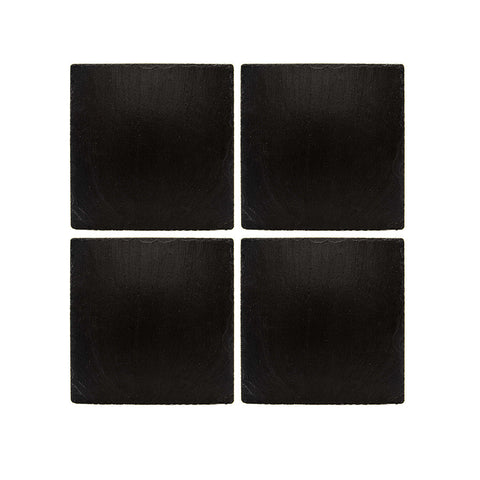 Set of four black square slate coasters with natural edges and a smooth matte finish perfect for drinks
