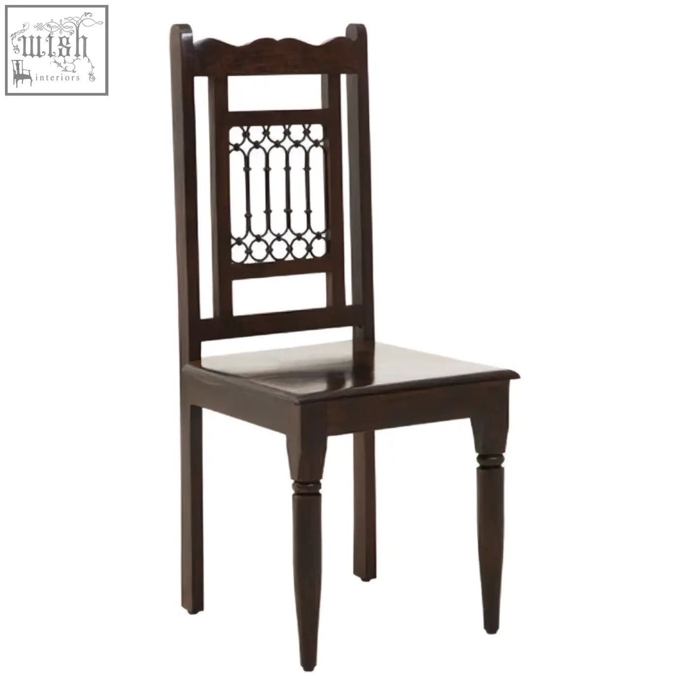 Srina dark sheesham wood dining chair in dark brown with ornate metal lattice back for stylish wood dining seating