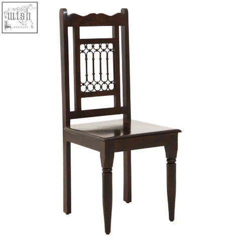 Srina dark sheesham wood dining chair in dark brown with ornate metal lattice back for stylish wood dining seating
