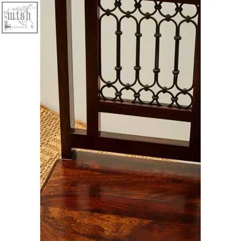 Dark sheesham wood dining chair leg with ornate black metal lattice panel for wood dining chair style