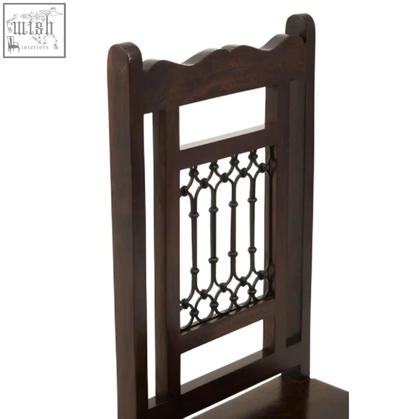 Dark wood sheesham wood dining chair with ornate black metal lattice back side for stylish wood dining seating