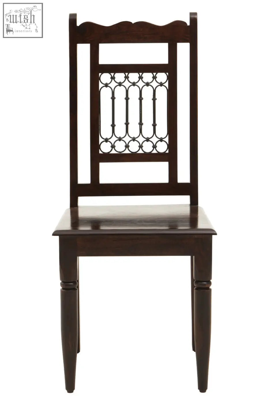Dark sheesham wood dining chair with ornate metal lattice back panel perfect for wood dining setups