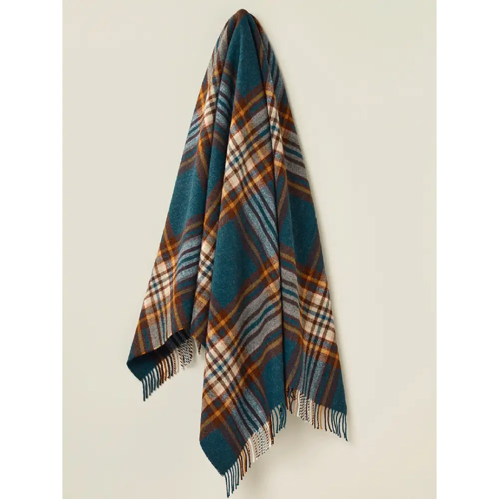 St Ives Check Pure New Wool Throw - Teal - Throws & Blankets