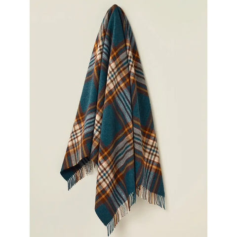 St Ives Check Pure New Wool Throw - Teal - Throws & Blankets