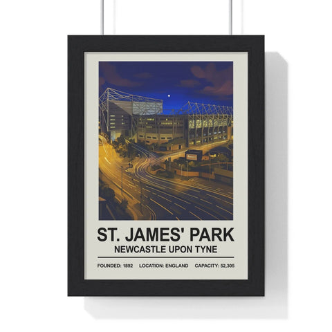 Black-framed poster featuring an illustrated night edition view of st james park newcastle stadium print