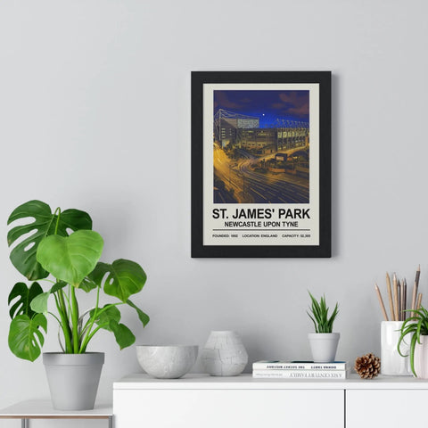 Black-framed night edition stadium print of st james park newcastle showcasing vibrant night colors