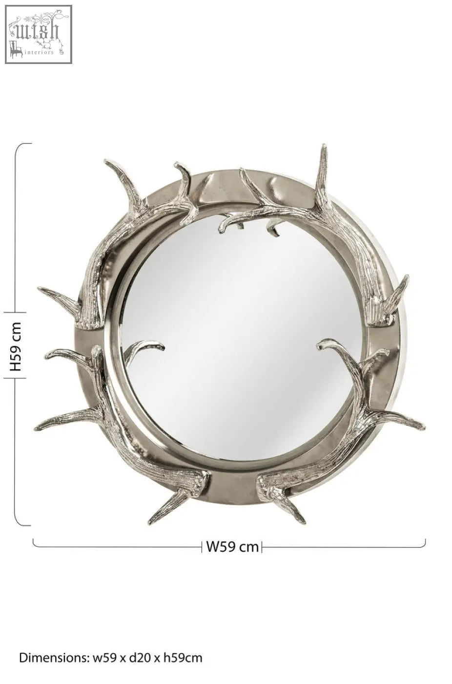 Circular stag antler steel wall mirror with nickel finish and intricate metallic frame resembling antlers