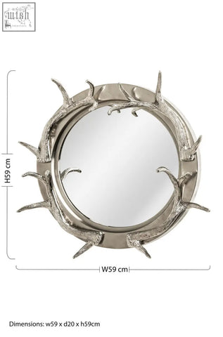 Circular stag antler steel wall mirror with nickel finish and intricate metallic frame resembling antlers