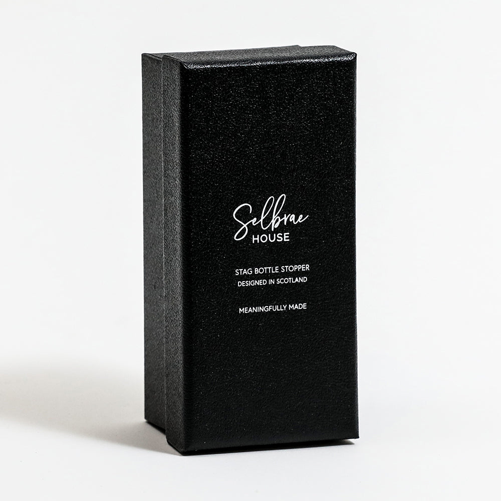 Black textured gift box for selbrae house stag bottle stopper designed in scotland perfect for gifting