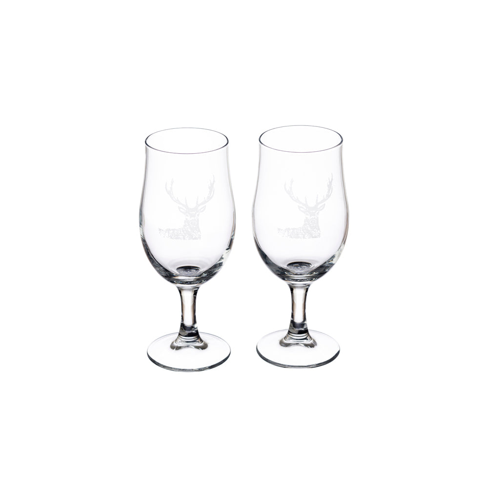 Clear glass stag craft beer glasses set of 2 with etched deer designs perfect for craft beer drinking