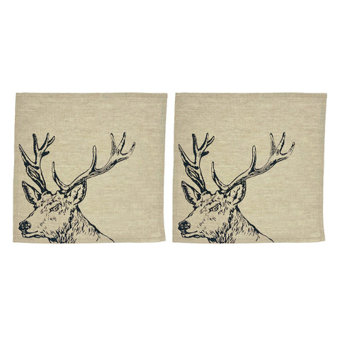 Beige linen napkins set of 2 with black ink deer head illustrations perfect for rustic table settings