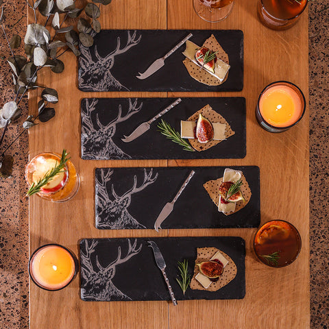 Black mini slate cheese boards with engraved stag head designs perfect for stylish serving and entertaining