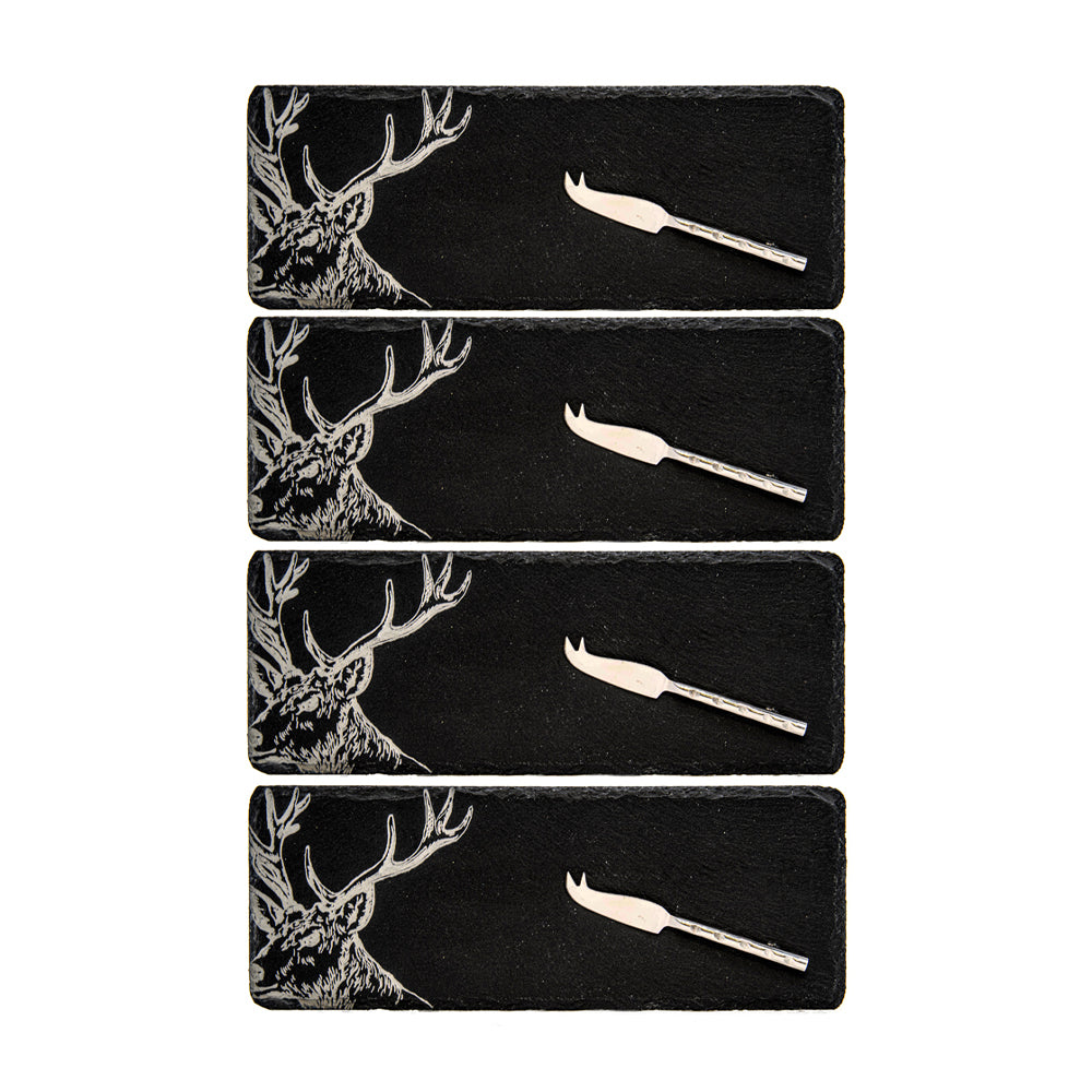Set of four black mini slate cheese boards with engraved white stag head and matching silver slate cheese knives