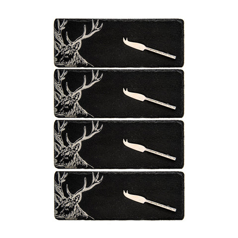 Set of four black mini slate cheese boards with engraved white stag head and matching silver slate cheese knives