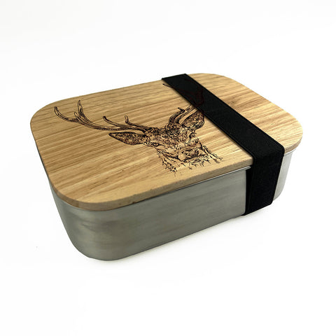 Rectangular stainless steel stag prince lunch box with laser engraved wooden lid and black elastic band closure