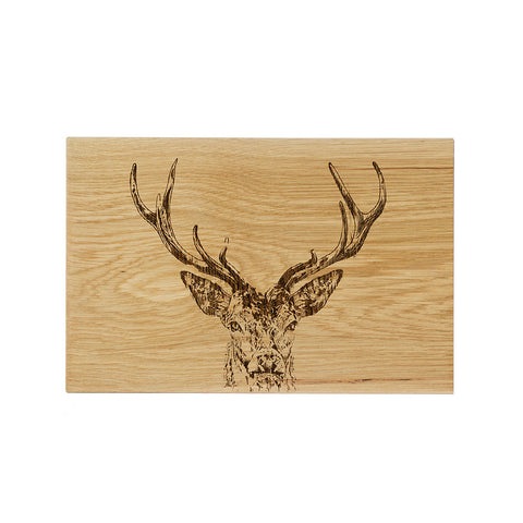 Rectangular stag prince oak serving board in light oak with engraved stag head perfect for cheese and snacks