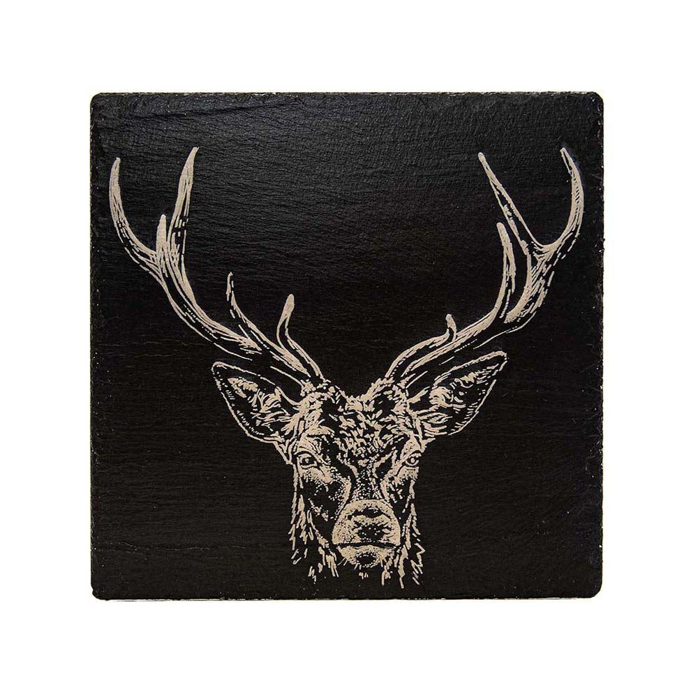 Black slate pot stand with an intricately engraved stag head in metallic finish perfect as a slate pot coaster